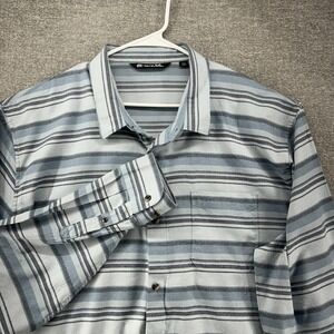 Travis Mathew Golf Long Sleeve Shirt Men Size XXXL Gray Blue Striped Button Up